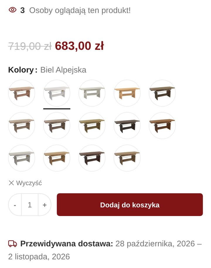 Almar Meble: karta produktu z wyborem koloru na telefonie