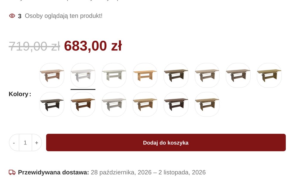 Almar Meble: karta produktu z kolorami i terminem dostawy