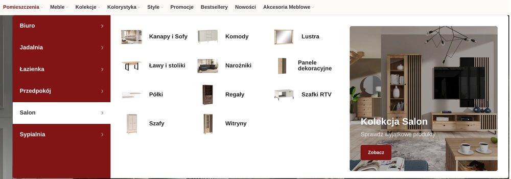 Almar Meble: menu Pomieszczenia z rozwiniętym salonem