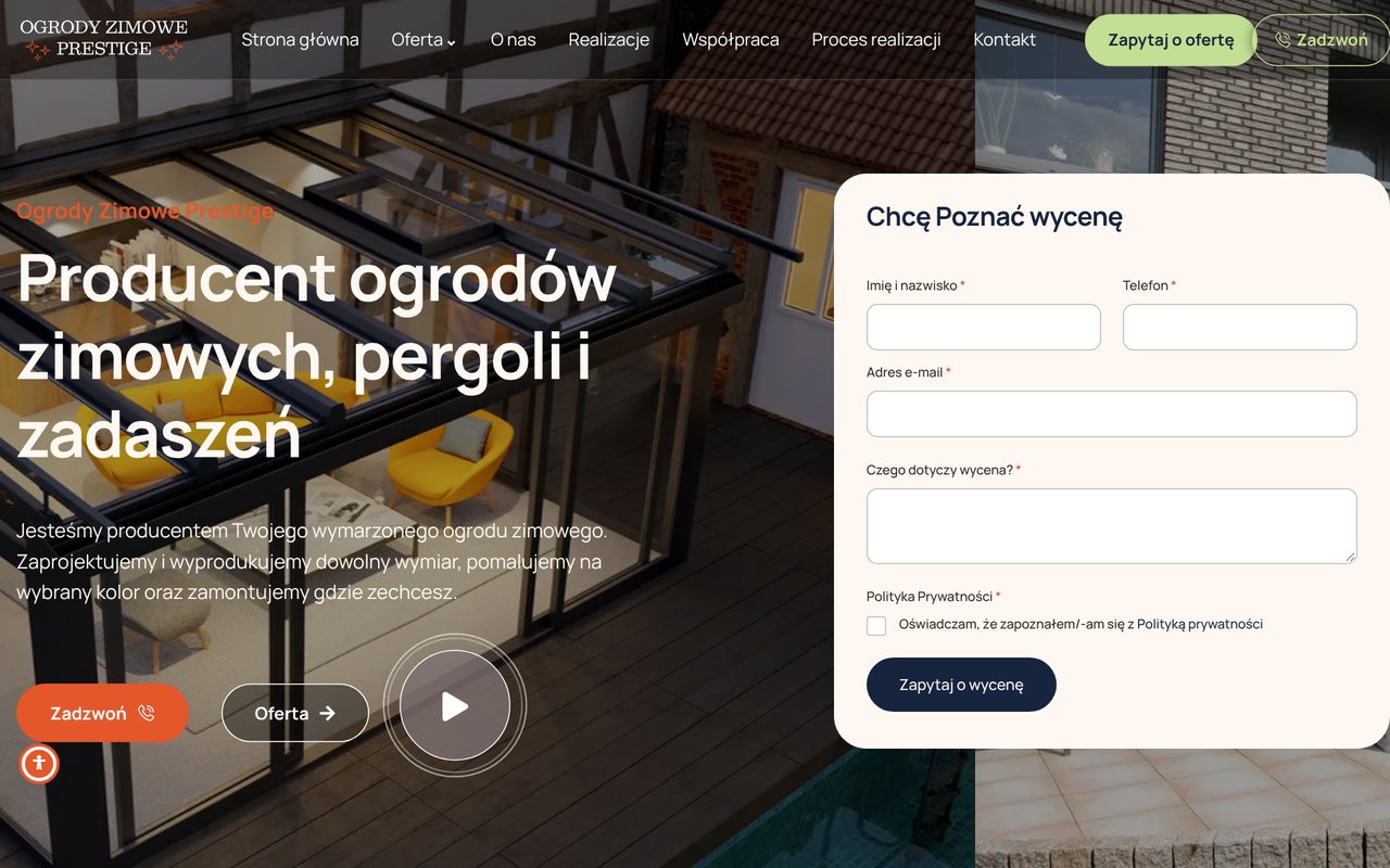 Strona ogrodyzimoweprestige.pl z formularzem zapytania