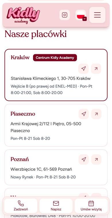 Kidly Academy: placówki na telefonie