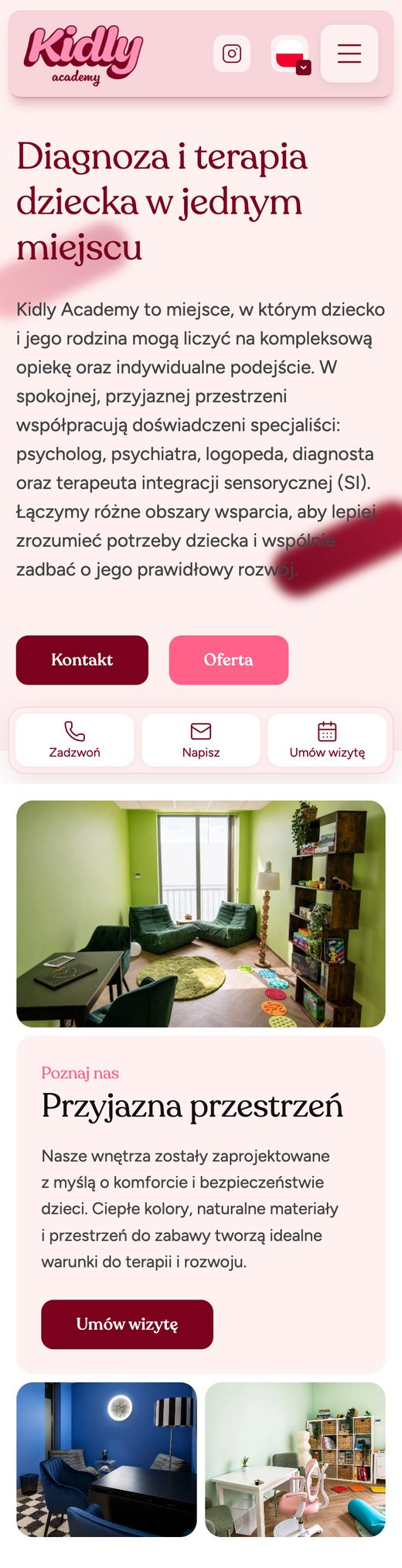 Kidly Academy: strona na telefonie