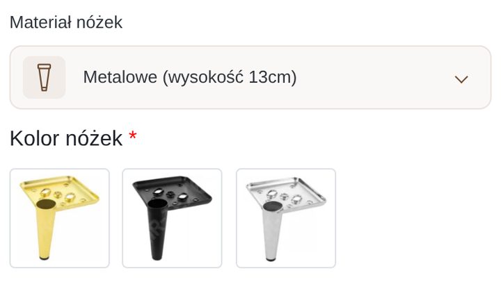 Konfigurator Niuko na telefonie: wybór nóżek