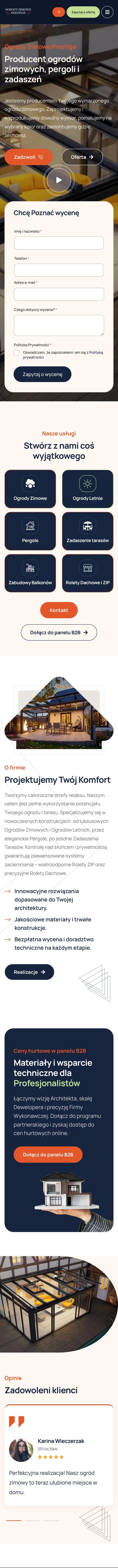 Ogrody Zimowe Prestige: strona na telefonie